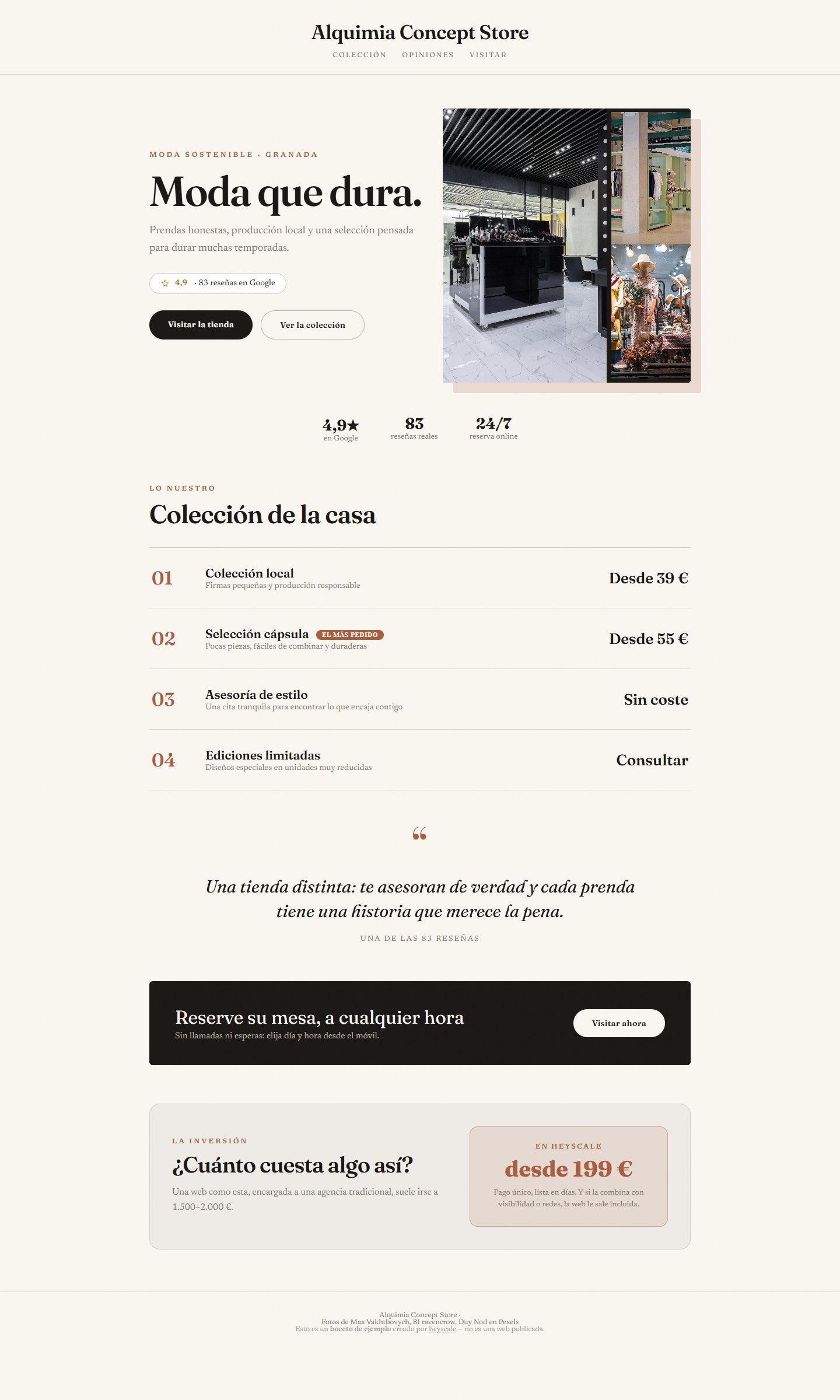 Boceto realista de web creado por heyscale para Alquimia Concept Store