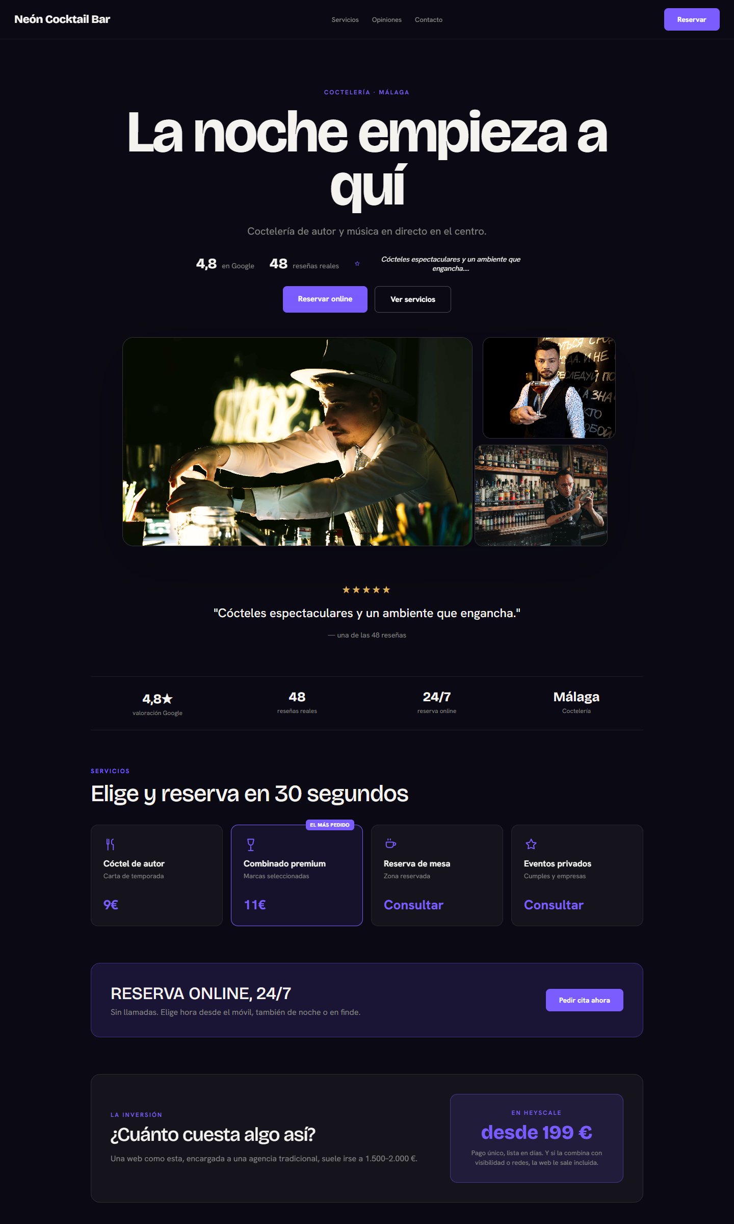 Boceto realista de web creado por heyscale para Neón Cocktail Bar